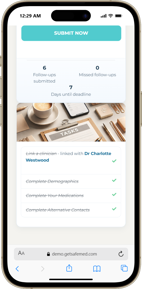 SafeMed patient dashboard shown inside a phone frame