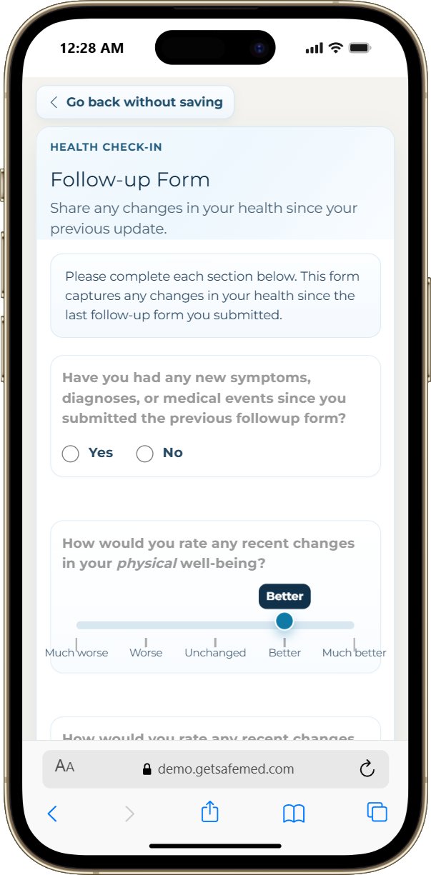 SafeMed mobile patient follow-up form